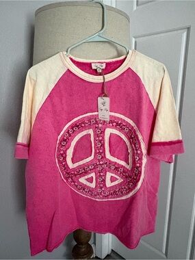 Women’s Pink Peace Sign Raglan Tee with Cream Sleeves
